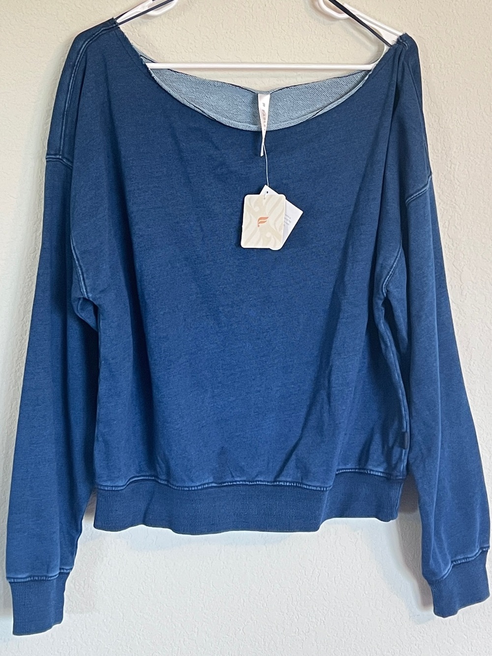 NWT Fabletics Blue Terry Off Shoulder Sweatshirt Size L P2P 24”
